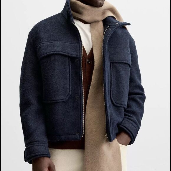 Zara Men's BOUCLÉ TEXTURED JACKET Blue Lapel Collar - Strap Cuffs Size US S New - Picture 8 of 13